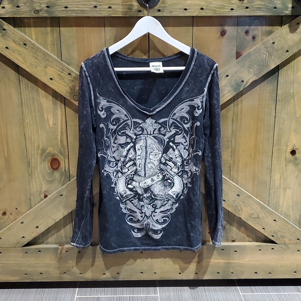 Vocal Charcoal VNeck Bling Long Sleeve Shirt Fleur De Lis Cowboy Boot Gun Pistol